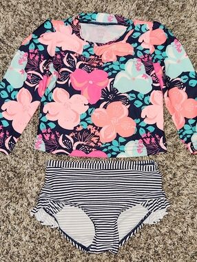 Girls' Floral Long-Sleeve Rashguard Swim Set in Navy, Pink & Mint